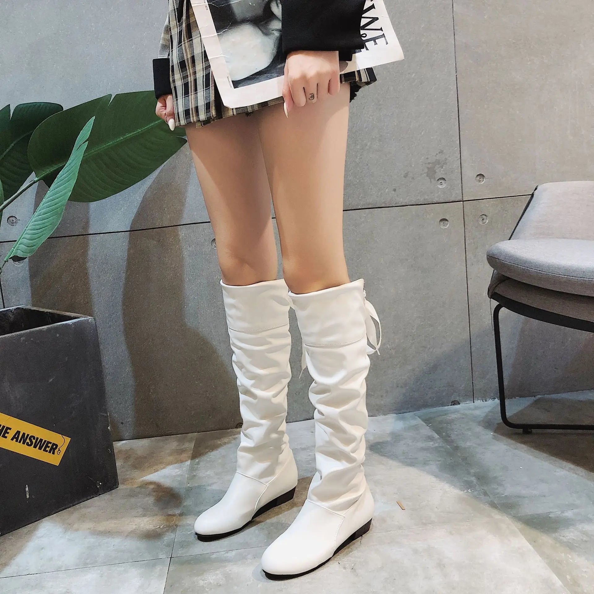 Shoes for Women 2023 Spring Knee High Boots Red Black White Tall Boots Woman Pleated Low Heel Casual Leather Female Long Shoes