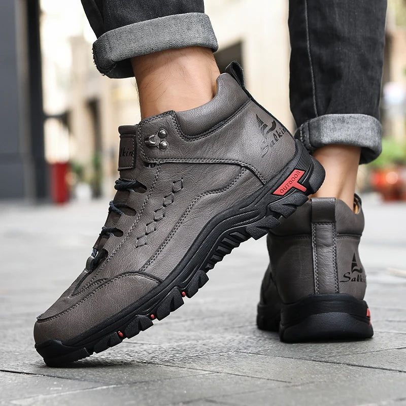 Men's High-Top Round-Toe Fashion Boots Lace-Up Outdoor Hiking Shoes Spring/Fall Thick-Sole Casual Oversized Men's Shoes