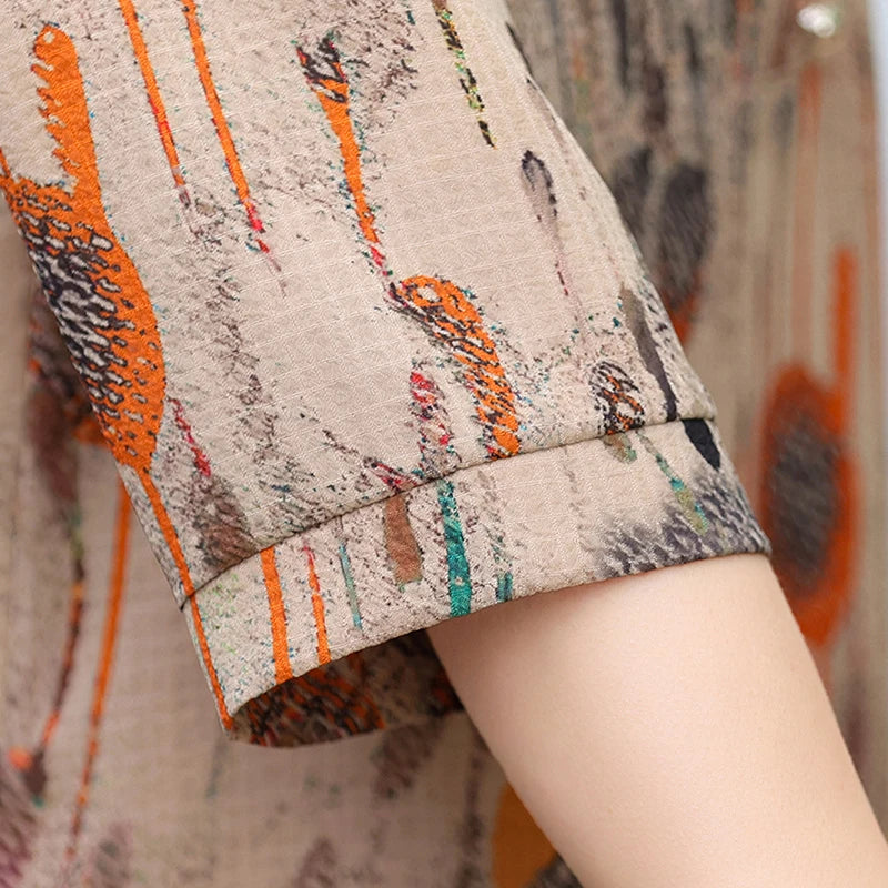 Summer Plus Size Shirt For Women's 2025 Printed Loose Top Mulberry Silk Blended Vacation Work Women's Clothing