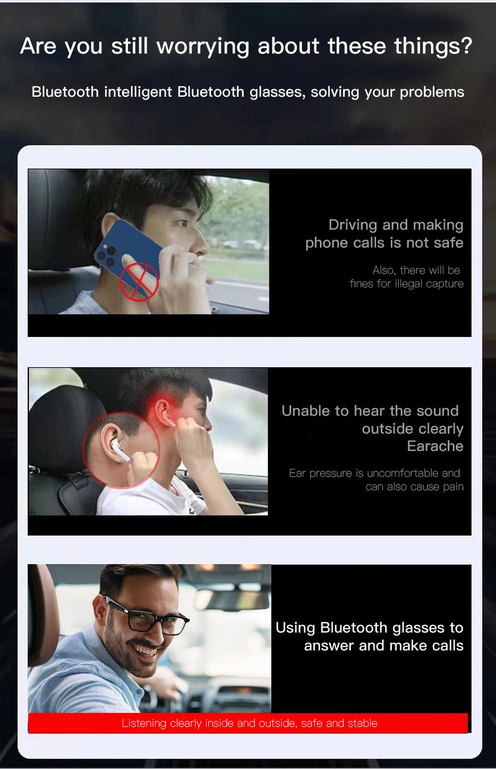 Wireless Bluetooth Headphones  Bluetooth Calling Smart Glasses Music Playback Anti-blue light glasse Waterproof Business glasses