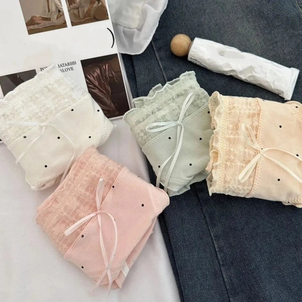 Lingerie Mid-waist Underwear Women Ruffle Patchwork Cotton Bow Briefs Dots Underpants Sweet Panties Summer