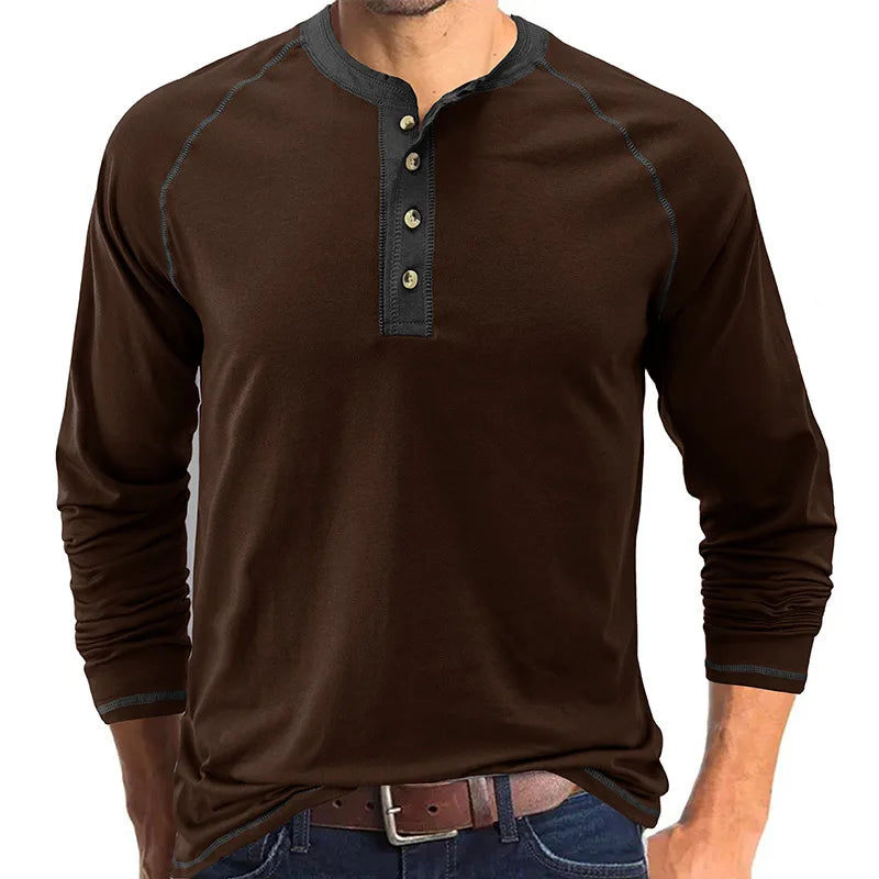Summer  Autumn Men's American Heavy Cotton Henry Shirt  Long Sleeve Fitness Tough Guy T-Shirt Casual  T Shirt for Men Clothing