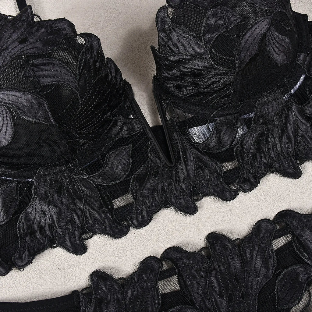 Sexy French Deep V Embroidery Mesh Lingerie Set Autumn Women's Ultra-thin Lace Bra and Panty Set Female Solid See Though Bra