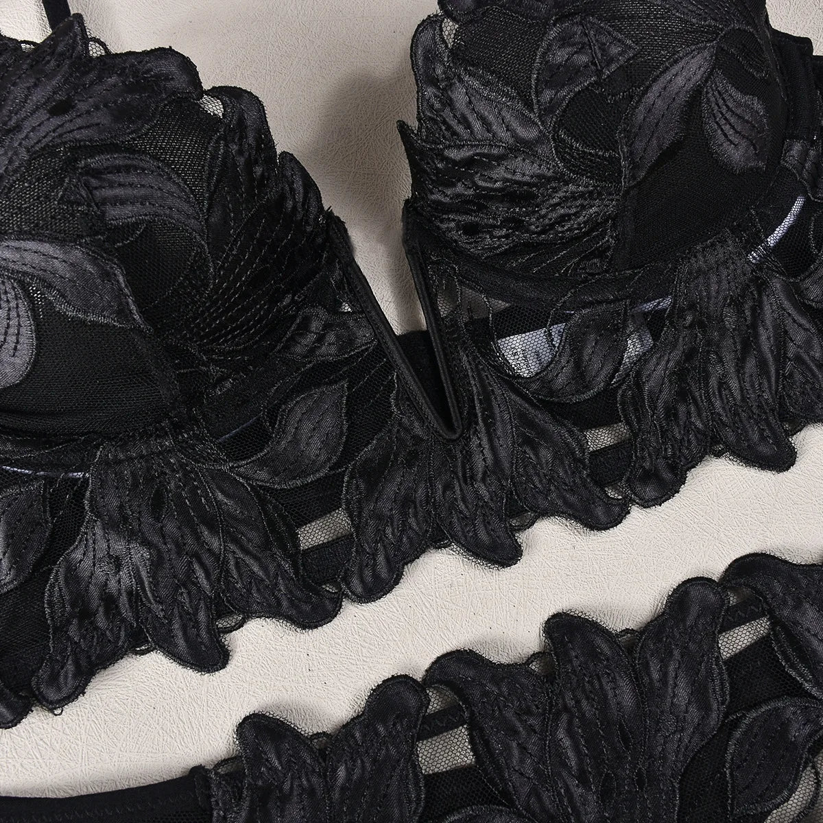 Sexy French Deep V Embroidery Mesh Lingerie Set Autumn Women's Ultra-thin Lace Bra and Panty Set Female Solid See Though Bra