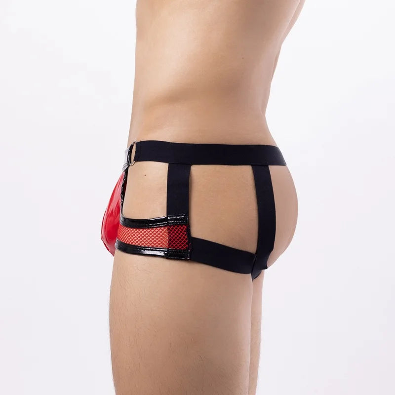 Lingerie Men Briefs Thong G-string String Homme PU Leather Mesh Patchwork Latex Panties Jockstrap Exotic Open Butt Gay Boxers