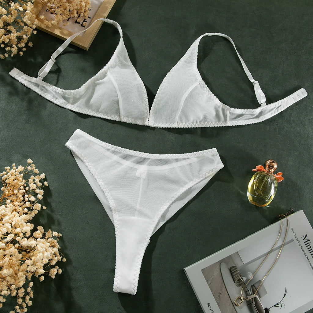 Wirelss Comfortable Bra Brasil Pantie Lingerie Set Basic Solid Mesh Sheer Underwear Transparent Intimate Seducing Lenceria