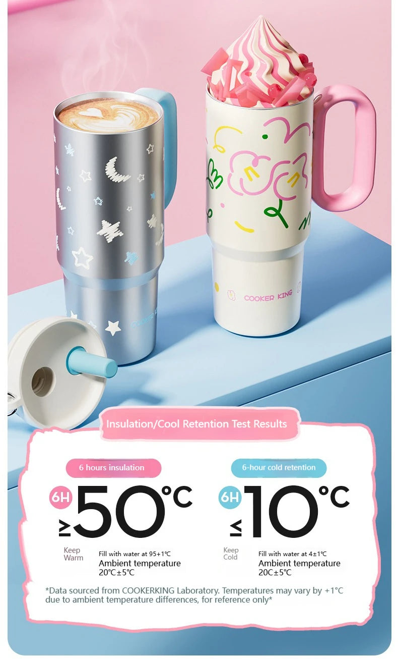 COOKER KING Spot Goods Vacuum Cup Thermal Mug Straw Insulated Ice Cup Car Thermal Mug with Handle Stylish Insulated Coffee Cup