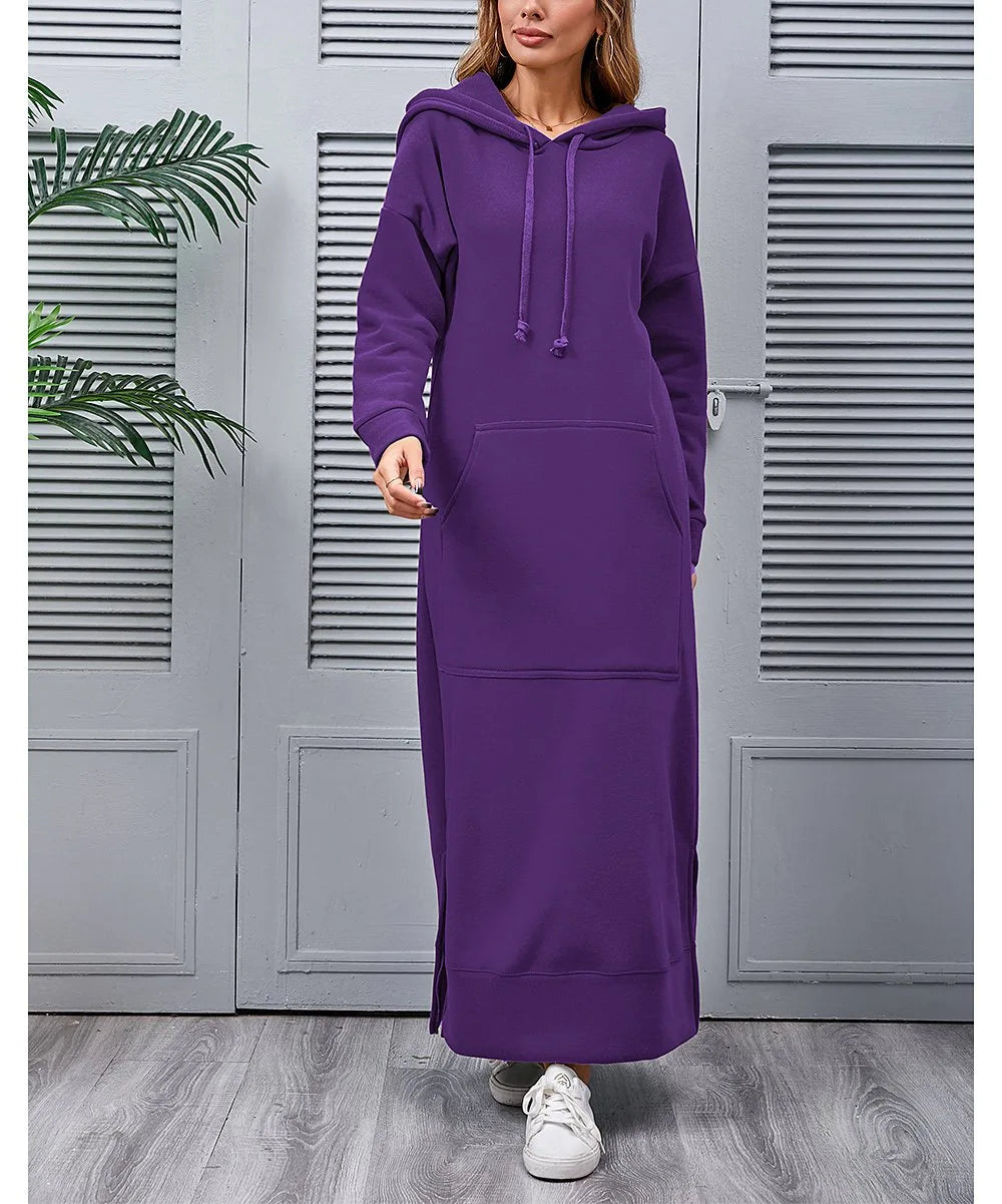 Hoodies Dress For Women Fashion 2025 Hem Lace-up Midi Robe Hooded Long Dress Autumn Winter Warm Casual Loose Sweatshirt Vestidos