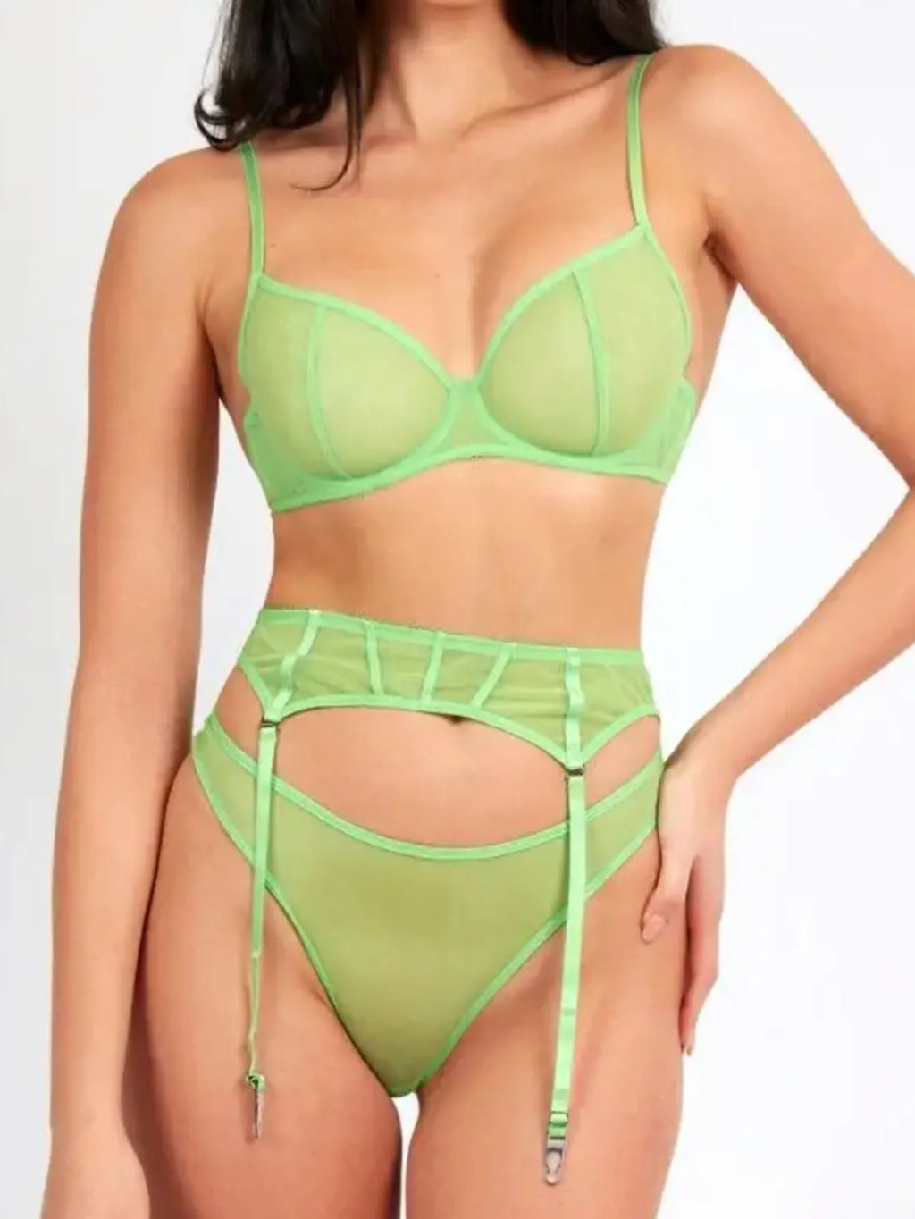 Sexy Lingerie Set with Garter Belt Corset Panty Outfits Mesh No Padding Underwire Sheer Bra and Panty 3 Pcs