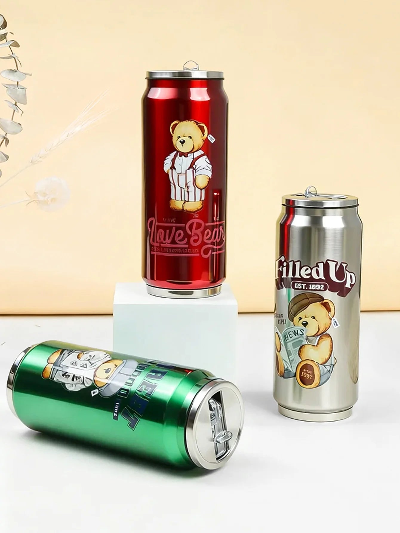 TEDDY Beer Can Thermal Cup  with Straw Double Wall Insulated Vacuum Cup for Hot & Cold Drinks, Portable Travel Mug