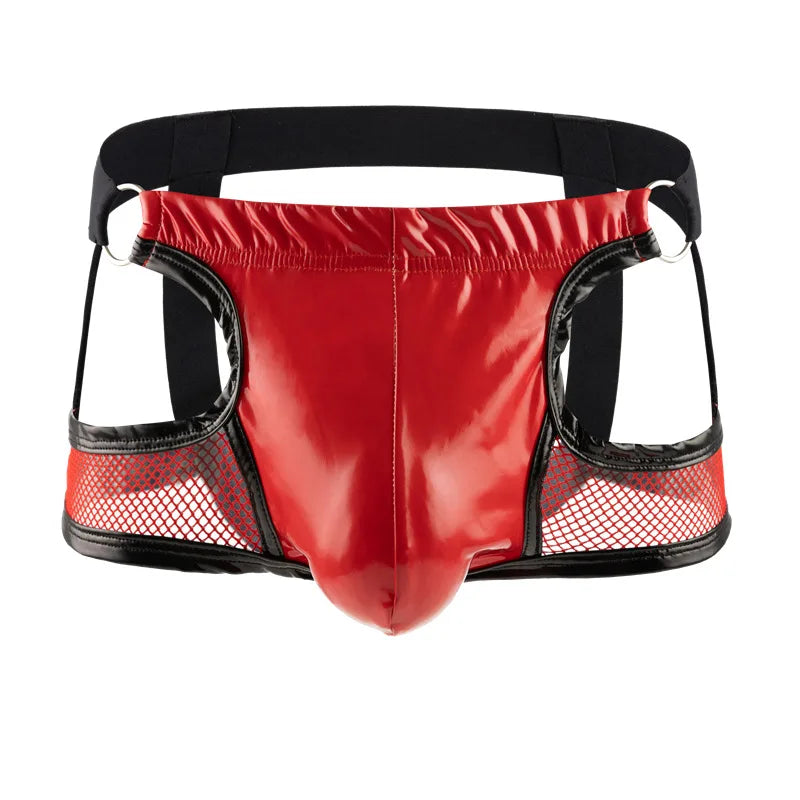 Lingerie Men Briefs Thong G-string String Homme PU Leather Mesh Patchwork Latex Panties Jockstrap Exotic Open Butt Gay Boxers