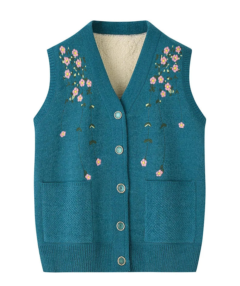 Grandma's Vest Autumn Winter Embroidered Middle Aged Mother's Outfit Cardigan Jacket Knitwears Sweater Women Wool Velvet Sueter