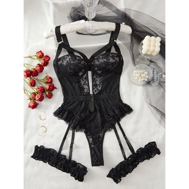 Lingerie Sexy Hot Sensual Bodysuits Sexy Lace Bra Set for Women Cut Out Strappy Bra and Panties Garter Choker Erotic Costumes