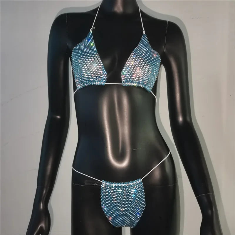 Bling Rhinestones Bra Panty Set Women Sexy Halter Bra Sexy Panty Two Piece Set Summer Beach Outfits Party Club Matching Sets