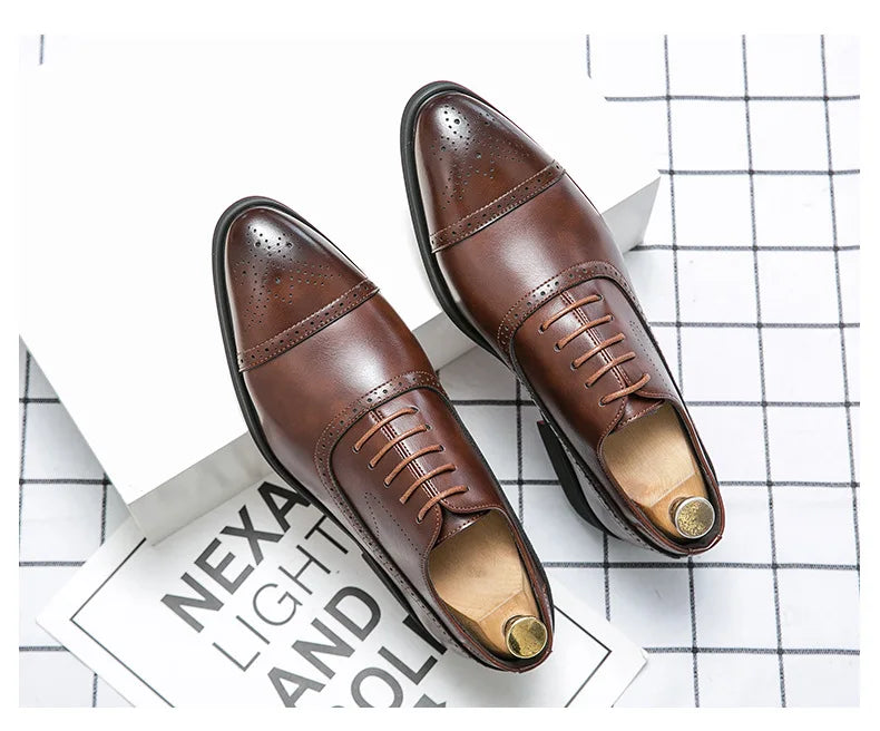 Men's Dress Shoes Red Sole Leather Shoes Pointed Party Shoe Lace-up Office Oxfords Casual Wedding Shoe Retro Business Men Shoes
