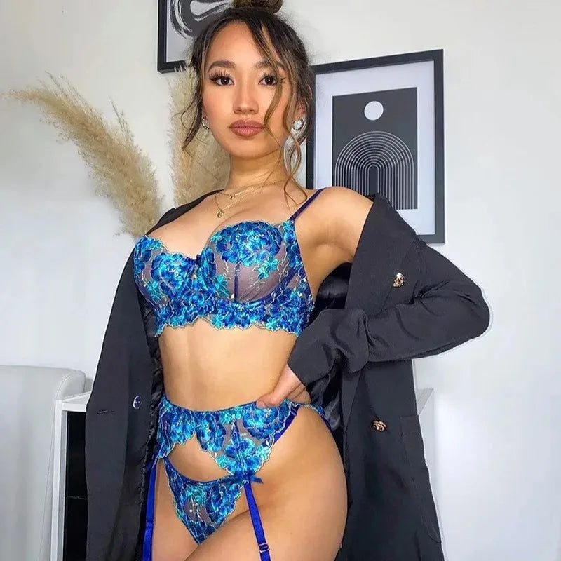 Fashion Sexy Spaghetti Strap Bra and Panty Set Women's Three Point Hollow Lace Garter Belt Fun Set Womens Fun Underwear Bra Set