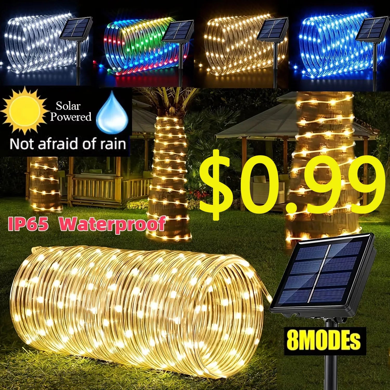 Solar Powered LED String Lights 8 Modes Outdoor Fairy Lights Garden Decoration Camping Tree Flower Garland Wedding Lighting Lamp