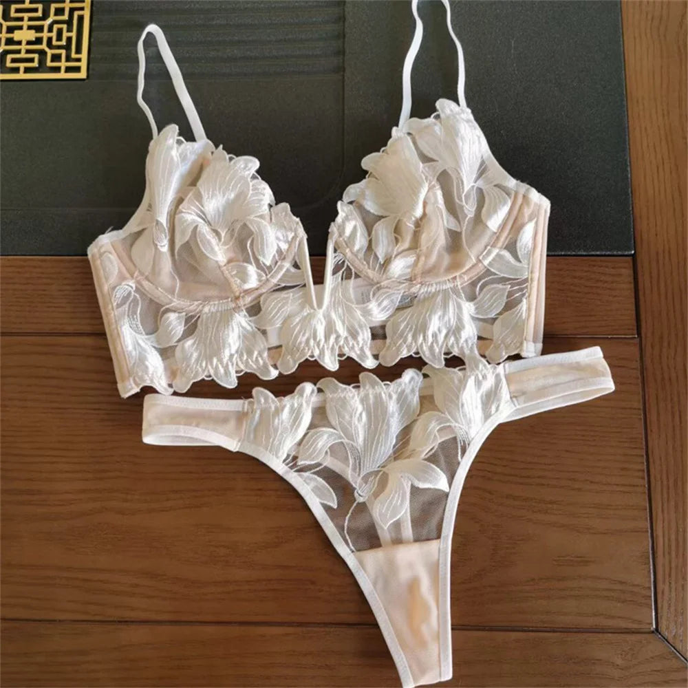 Sexy French Lace Floral Embroidery Brassiere Lingerie Set Women's Underwear Set Push Up thin Bralette Deep V Bra and Panty Set