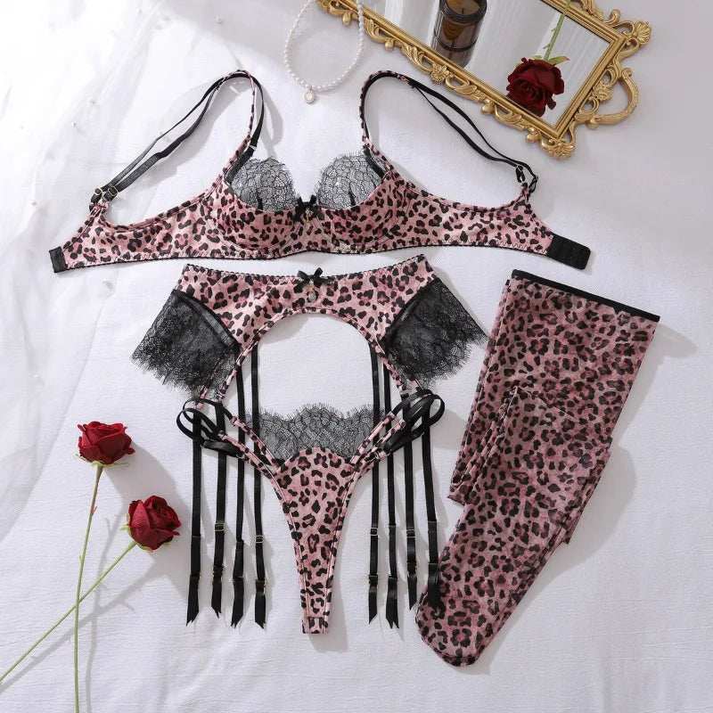 Lingerie Sexy Hot Wild Leopard Bra 5PC Set with Stockings Seductive Riding Suit Unleash Desire Party Kit Erotic Sexy Underwear