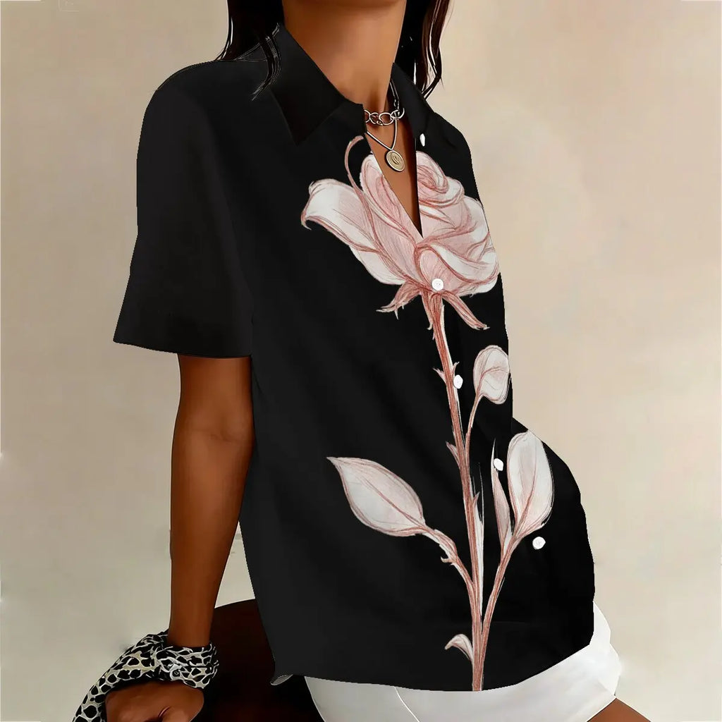 Summer plus-size women's single-breasted shirt with unique rose print,elegant and fresh,suitable for social gatherings and datin