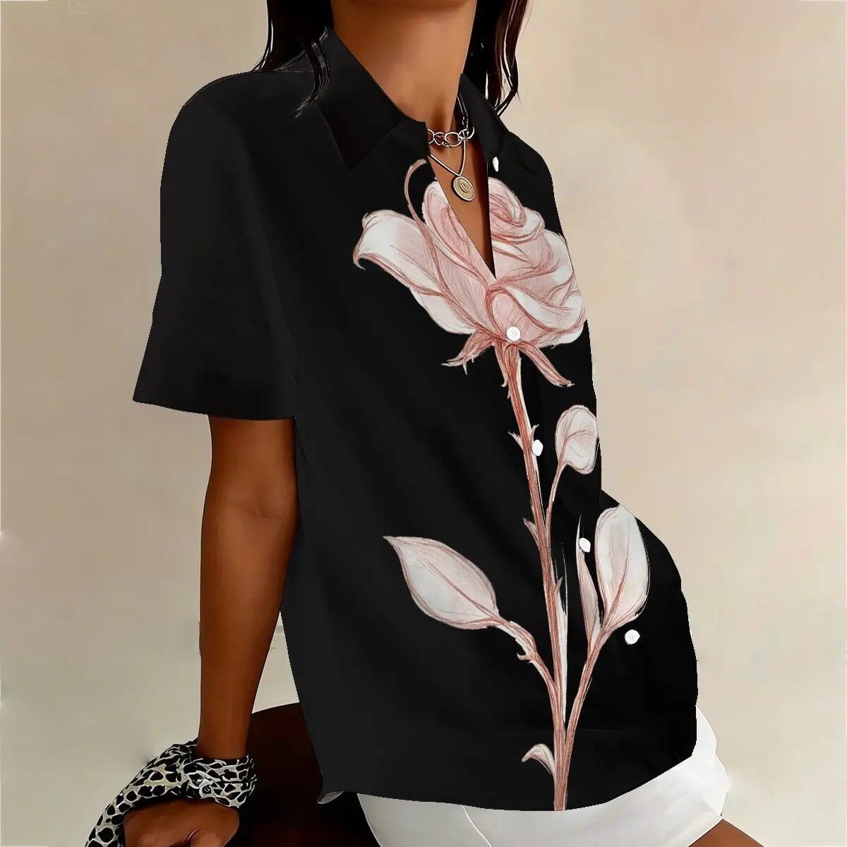 Summer plus-size women's single-breasted shirt with unique rose print,elegant and fresh,suitable for social gatherings and datin