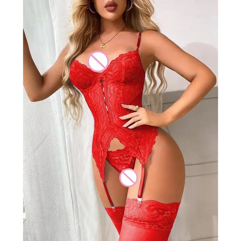 Lingerie Fancy Lace Underwear 3-Piece Transparent Spliced Bra And Panty Set Garter Intimate Women's Underwear Lingerie