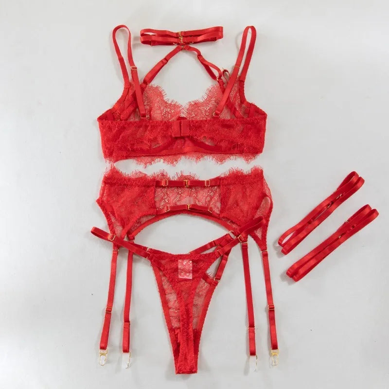 Lingeries Sexy Hot Eyelash Lace Trim Bandage Bra and Panty Lingerie Sets with Garter Belts Women's 3-Pieces Sets Erotic Costumes
