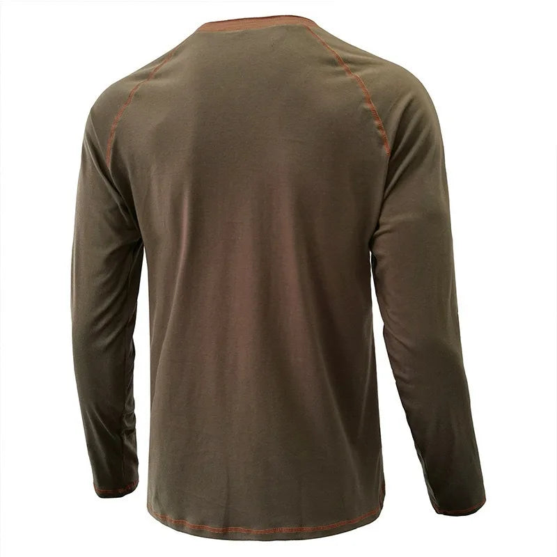 Summer  Autumn Men's American Heavy Cotton Henry Shirt  Long Sleeve Fitness Tough Guy T-Shirt Casual  T Shirt for Men Clothing