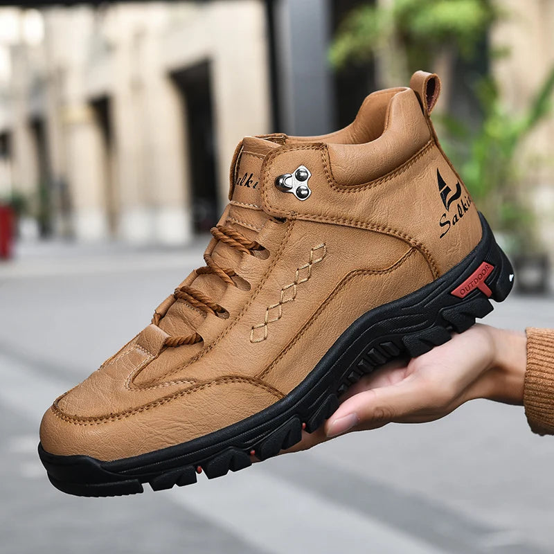 Men's High-Top Round-Toe Fashion Boots Lace-Up Outdoor Hiking Shoes Spring/Fall Thick-Sole Casual Oversized Men's Shoes
