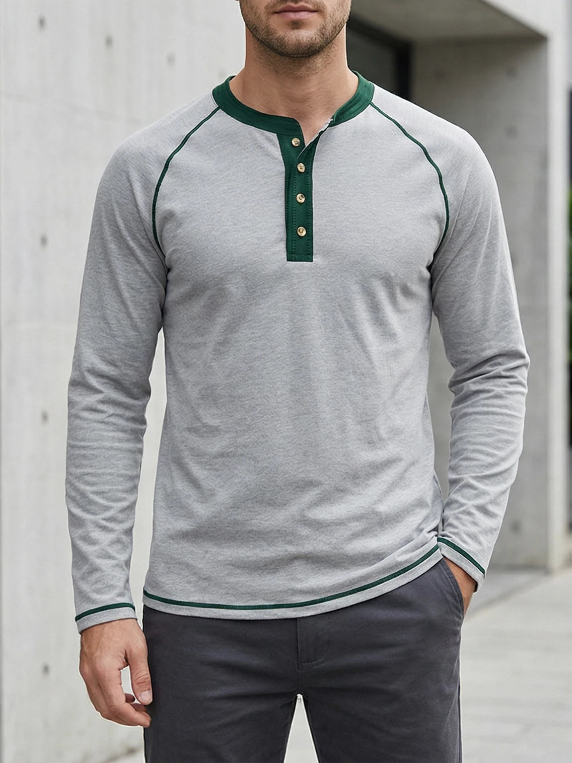 Summer  Autumn Men's American Heavy Cotton Henry Shirt  Long Sleeve Fitness Tough Guy T-Shirt Casual  T Shirt for Men Clothing