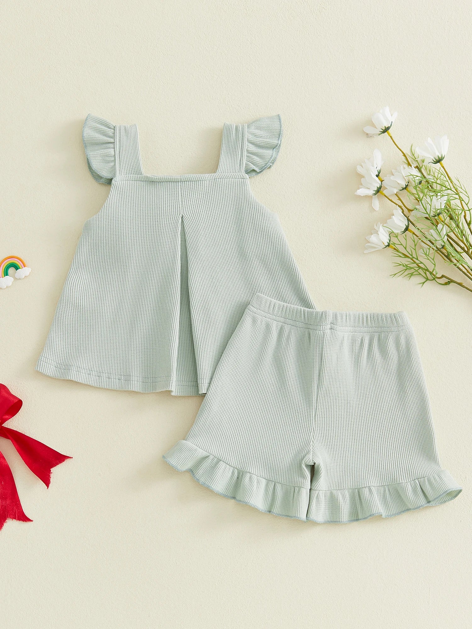 Summer Kids Girls Outfits Solid Color Flying Sleeve Tops Shorts Casual Clothes Set