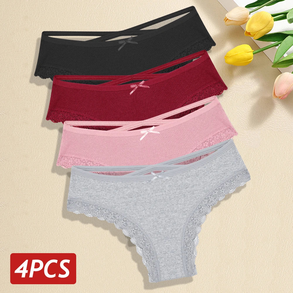 4PCS/Set Women Cotton Panties Sexy Lace Braizlian Panties Low Rise Hollow Out Underwear for Female Cute Bow Breathable Lingerie