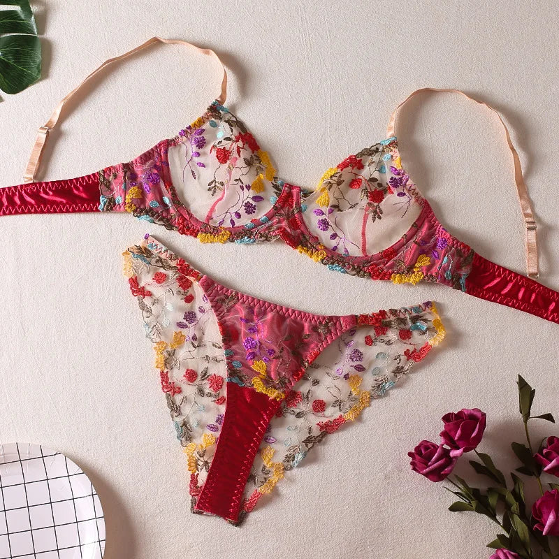 Women Bra and Briefs Sets Lace Flower Embroidery Sexy Perspective Underwire Erotic Lingerie Panty Two-Piece Underwear Set 2026