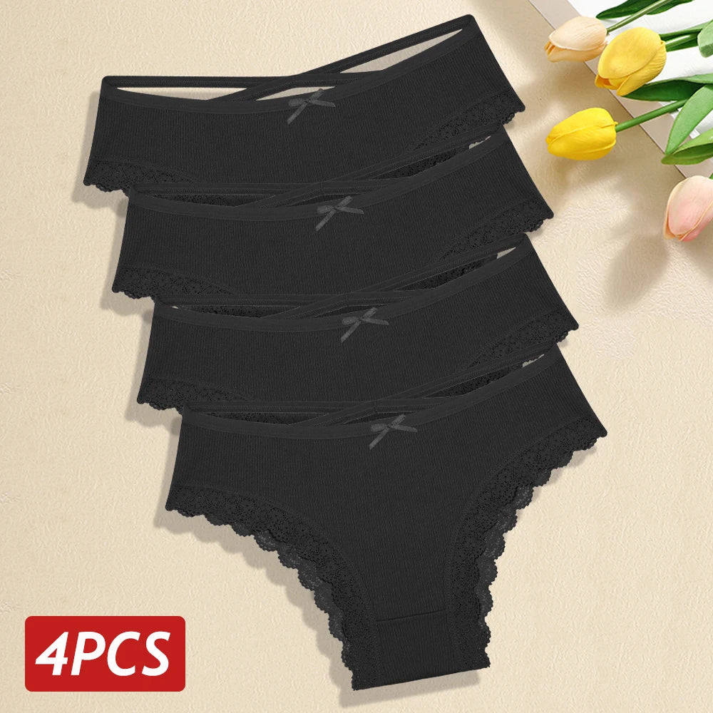 4PCS/Set Women Cotton Panties Sexy Lace Braizlian Panties Low Rise Hollow Out Underwear for Female Cute Bow Breathable Lingerie