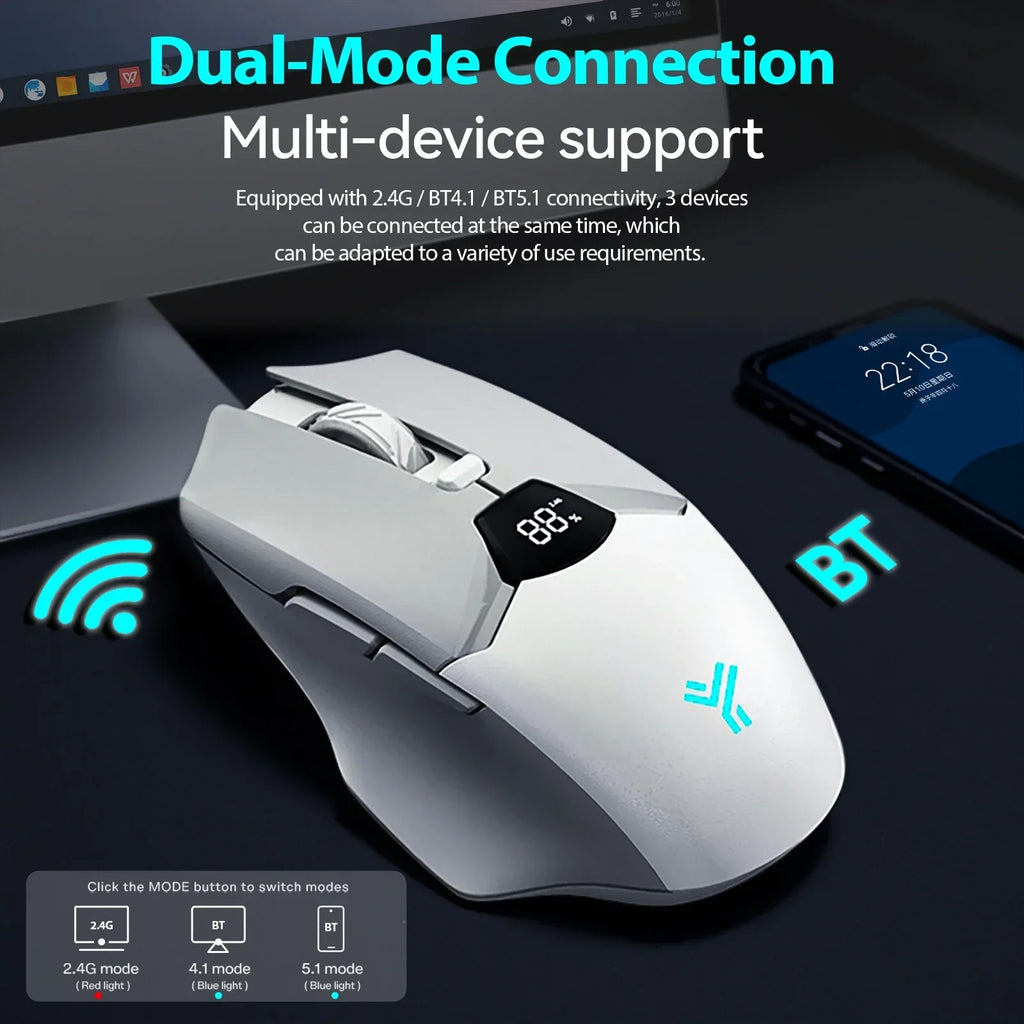 Wireless Bluetooth Mouse with Digital Battery Display, Silent Ergonomic Mouse for PC Laptop Gaming, 2.4G/Bluetooth 5.0