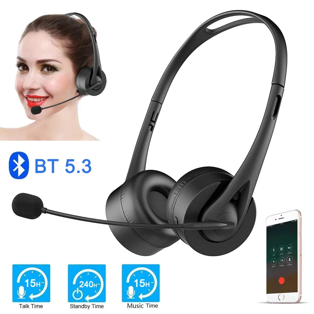 Bluetooth 5.3 Headphone With Mic Noise Reduction Hands-Free Call HiFi Lossless Wireless Headset For Call Center Office PC Laptop