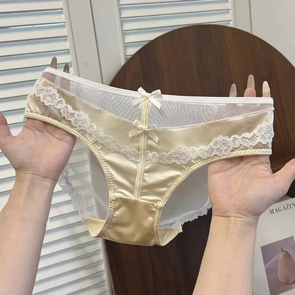 Lingerie Bow Lace Flower Panties Seamless Transparent Underwear for Women Patchwork Mid Waist Mesh Lace Briefs Girl