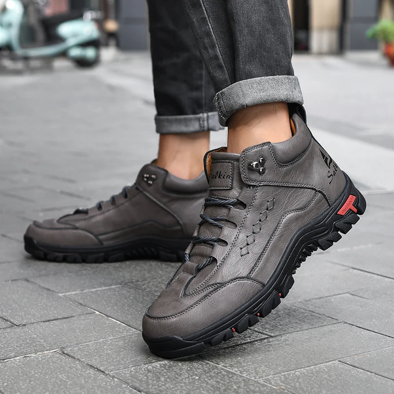Men's High-Top Round-Toe Fashion Boots Lace-Up Outdoor Hiking Shoes Spring/Fall Thick-Sole Casual Oversized Men's Shoes