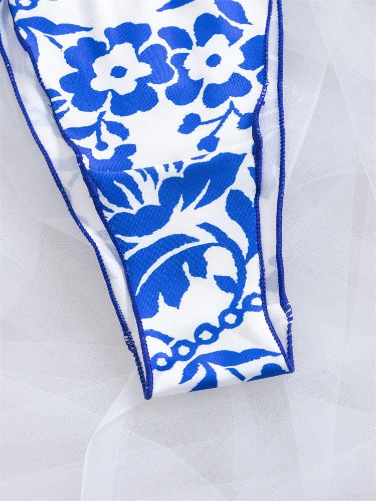 Women's Lingerie Blue Floral Print Bra Panty Set Elegant Intimate Underwear Breathable Gather Bra Comfortable Daily Lingerie Set