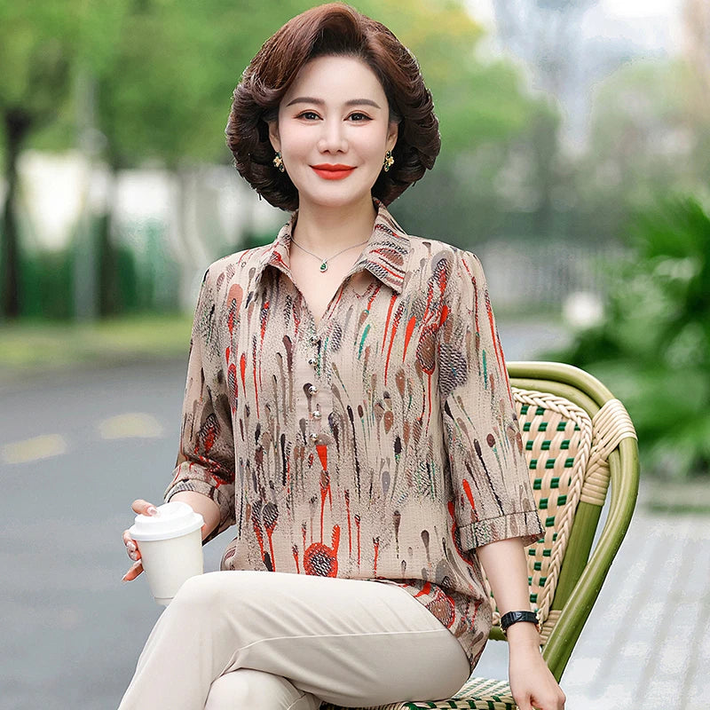 Summer Plus Size Shirt For Women's 2025 Printed Loose Top Mulberry Silk Blended Vacation Work Women's Clothing