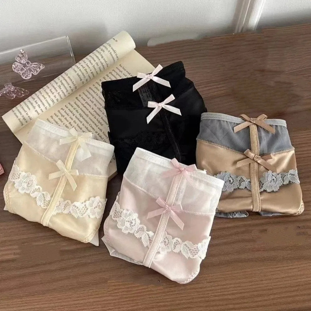 Lingerie Bow Lace Flower Panties Seamless Transparent Underwear for Women Patchwork Mid Waist Mesh Lace Briefs Girl