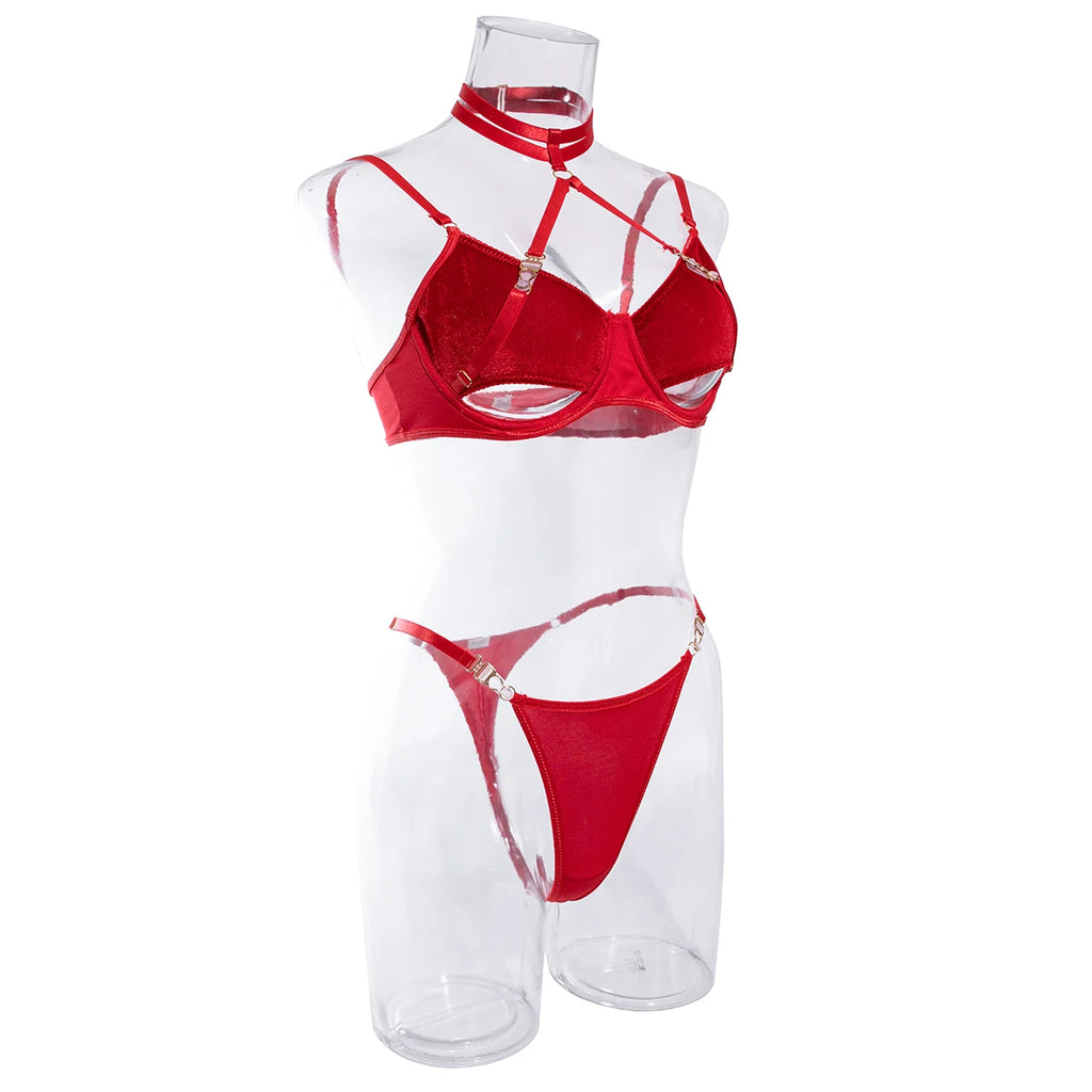 Cut Out Bra Set Women 2-piece Halter Bra + Brief Underwear Set 4 Color Velvet Sexy Intimates
