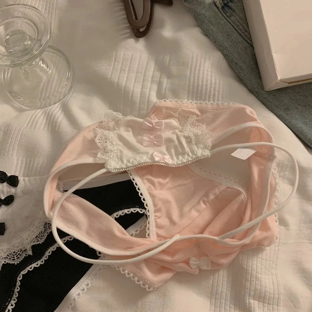 Lingerie Bow Lace Flower Panties Transparent Mid Waist French Style Briefs Seamless Hollow Women Underwear Girl