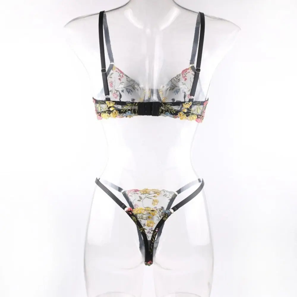 2-Piece Versatile Floral Lingerie Set Embroidery Sheer Boho Bra Panty Set Intimates
