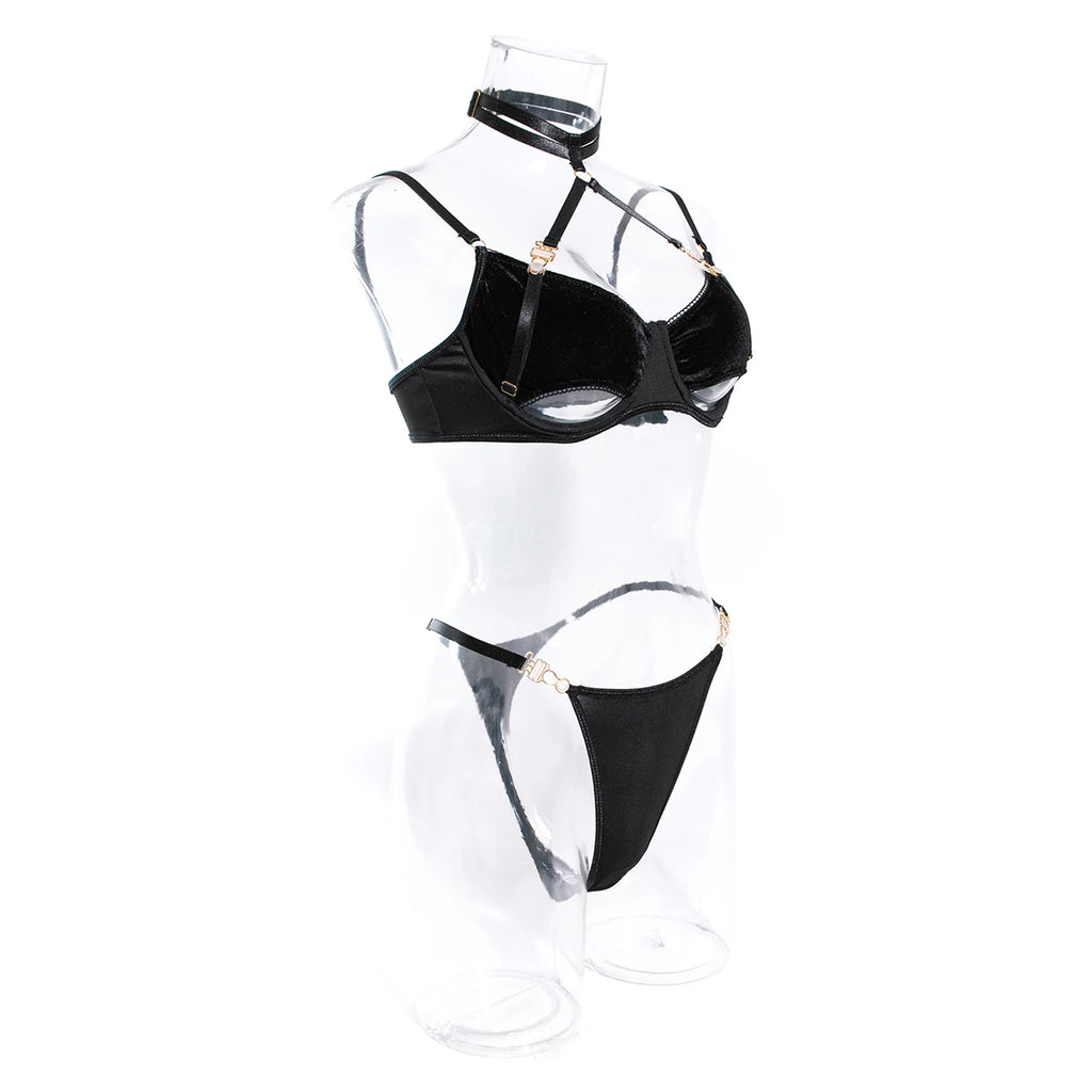 Cut Out Bra Set Women 2-piece Halter Bra + Brief Underwear Set 4 Color Velvet Sexy Intimates