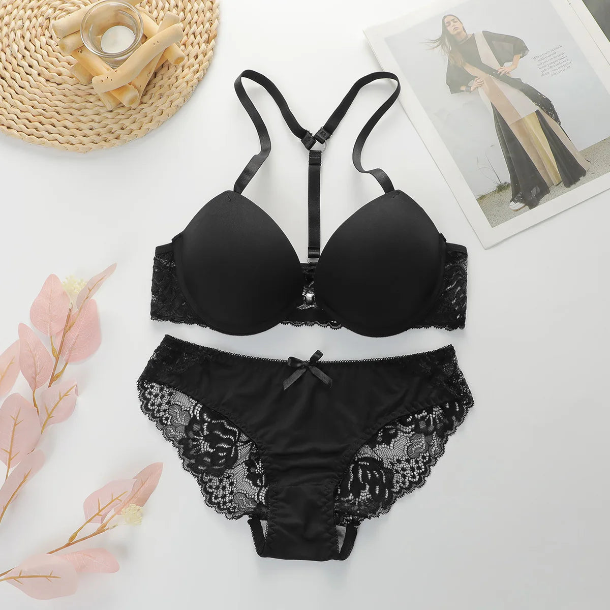 Front Closure Black Bra set sexy Panty Set for Women Thick Padded Cups Front Closure High Impact Support push up Lingerie A2156