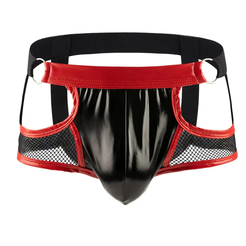 Lingerie Men Briefs Thong G-string String Homme PU Leather Mesh Patchwork Latex Panties Jockstrap Exotic Open Butt Gay Boxers