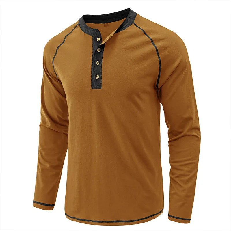 Summer  Autumn Men's American Heavy Cotton Henry Shirt  Long Sleeve Fitness Tough Guy T-Shirt Casual  T Shirt for Men Clothing