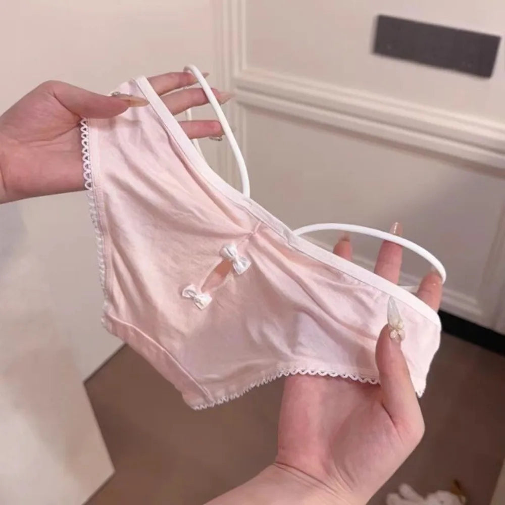 Lingerie Bow Lace Flower Panties Transparent Mid Waist French Style Briefs Seamless Hollow Women Underwear Girl