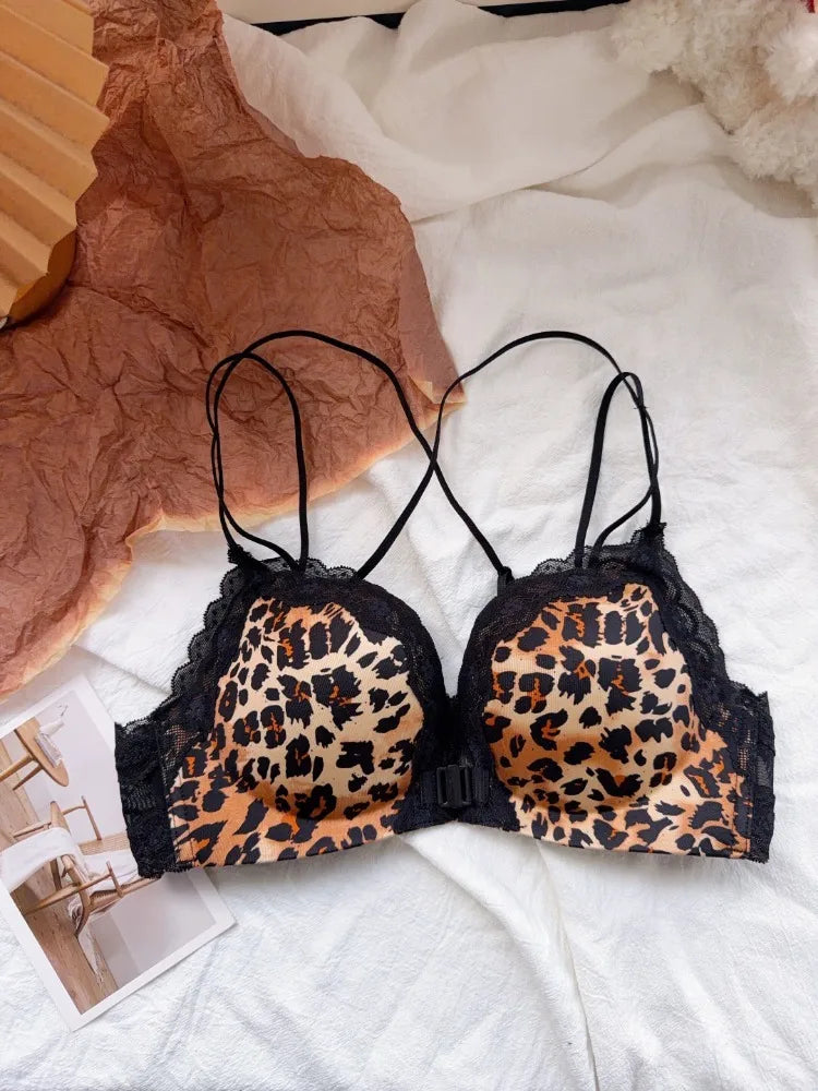 Hot Sale Front Closure Leopard Push Up Bra Set for Women, Backless Small Chest Lift Comfortable Underwear Set